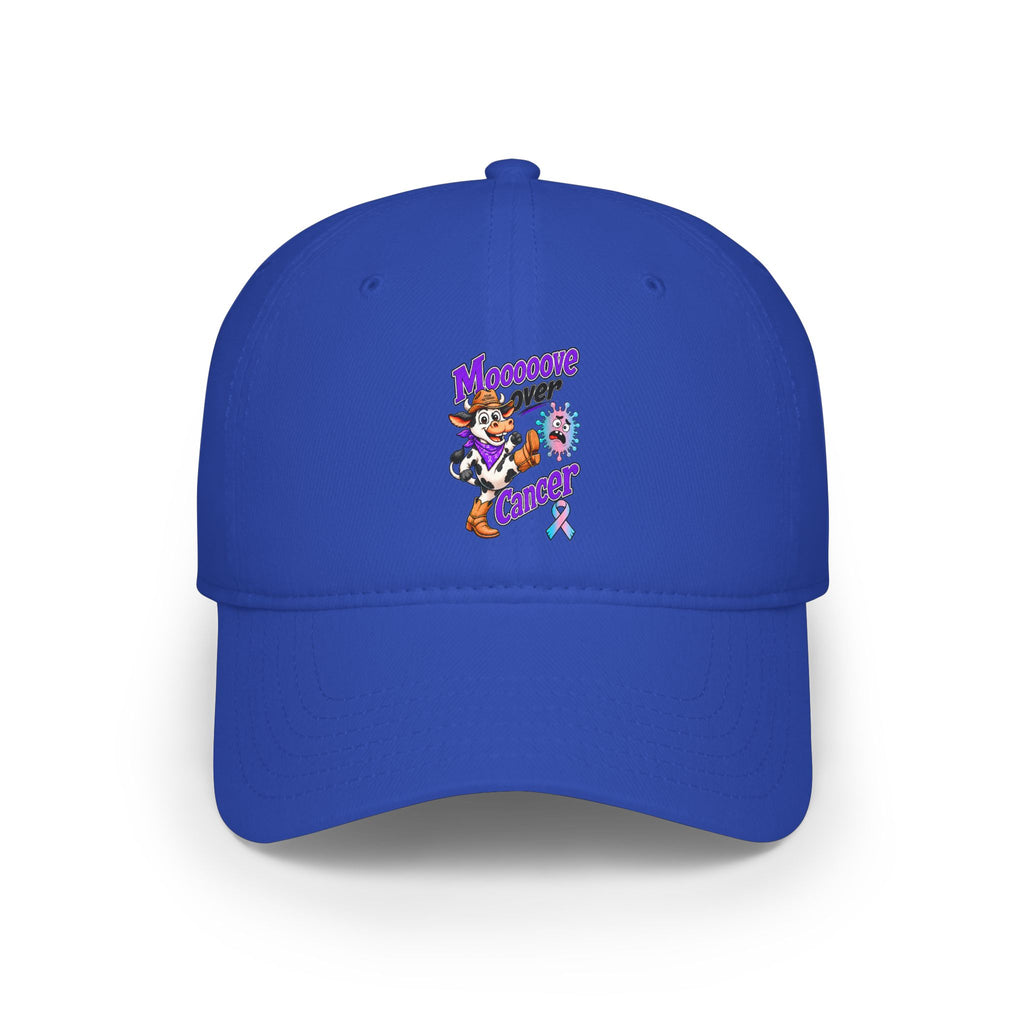 Blue Moooove Over Cancer low-profile cap displaying colorful cancer-awareness artwork