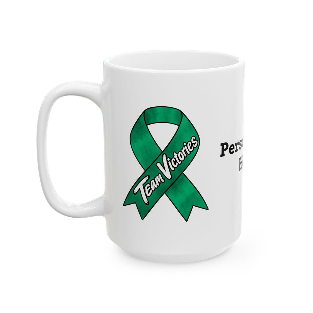 Team Victories Liver Cancer awareness ribbon design on a personalized white mug