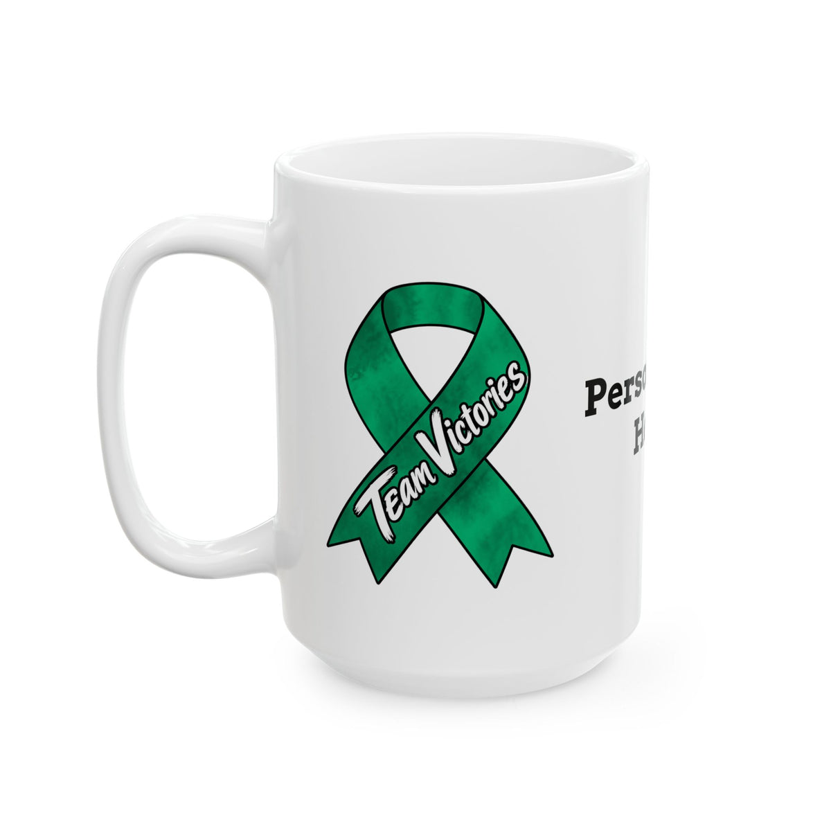 Team Victories Liver Cancer awareness ribbon design on a personalized white mug