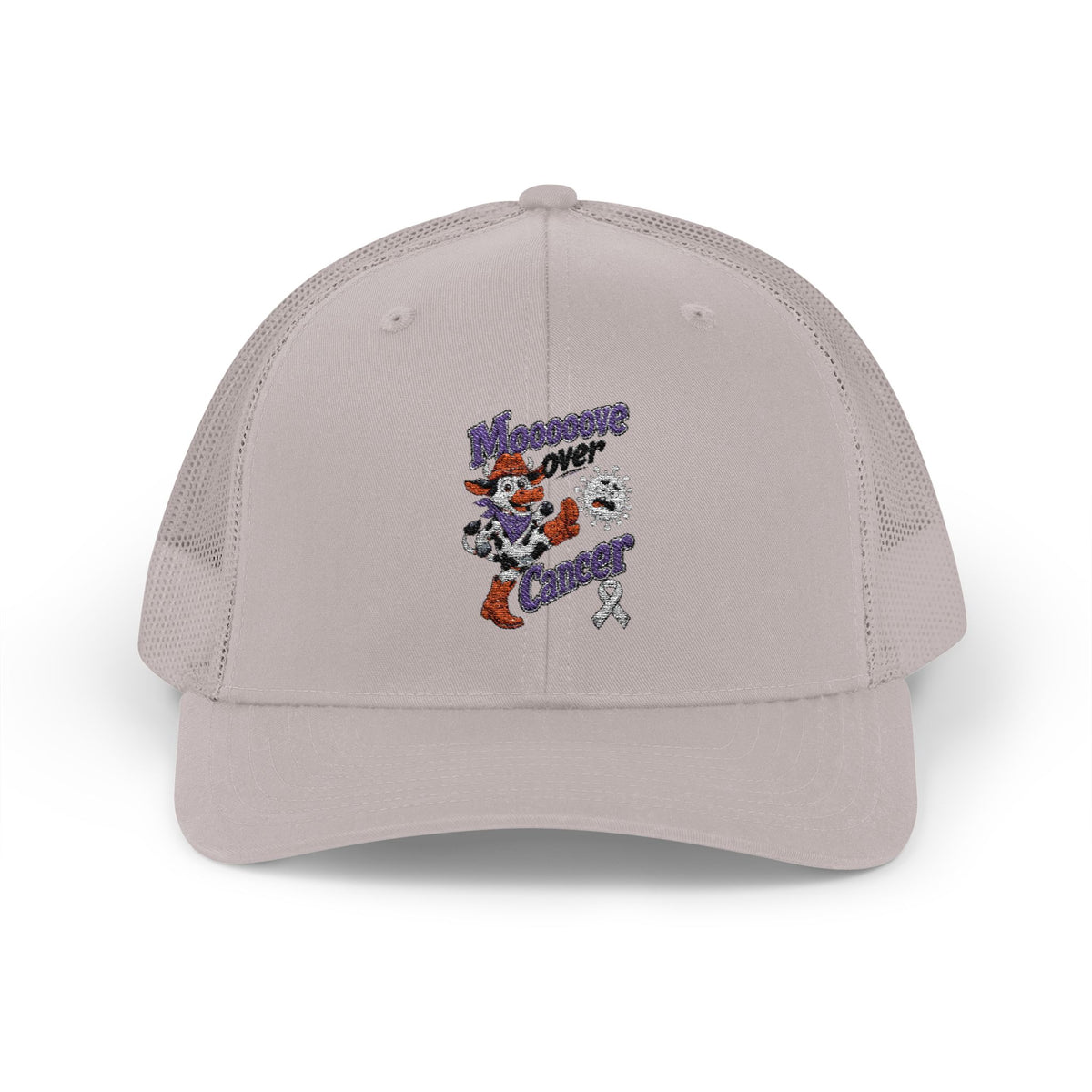 Red Moooove Over Cancer trucker hat with Lung Cancer awareness ribbon design