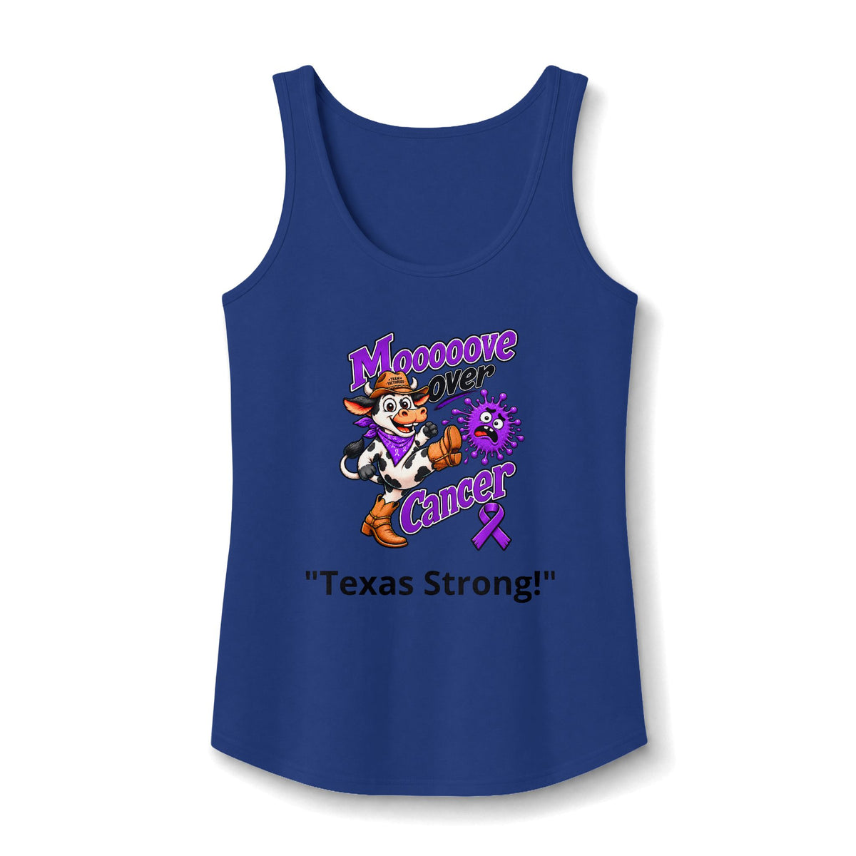 Navy Moooove Over Cancer Texas Strong tank top with Pancreatic Cancer awareness ribbon