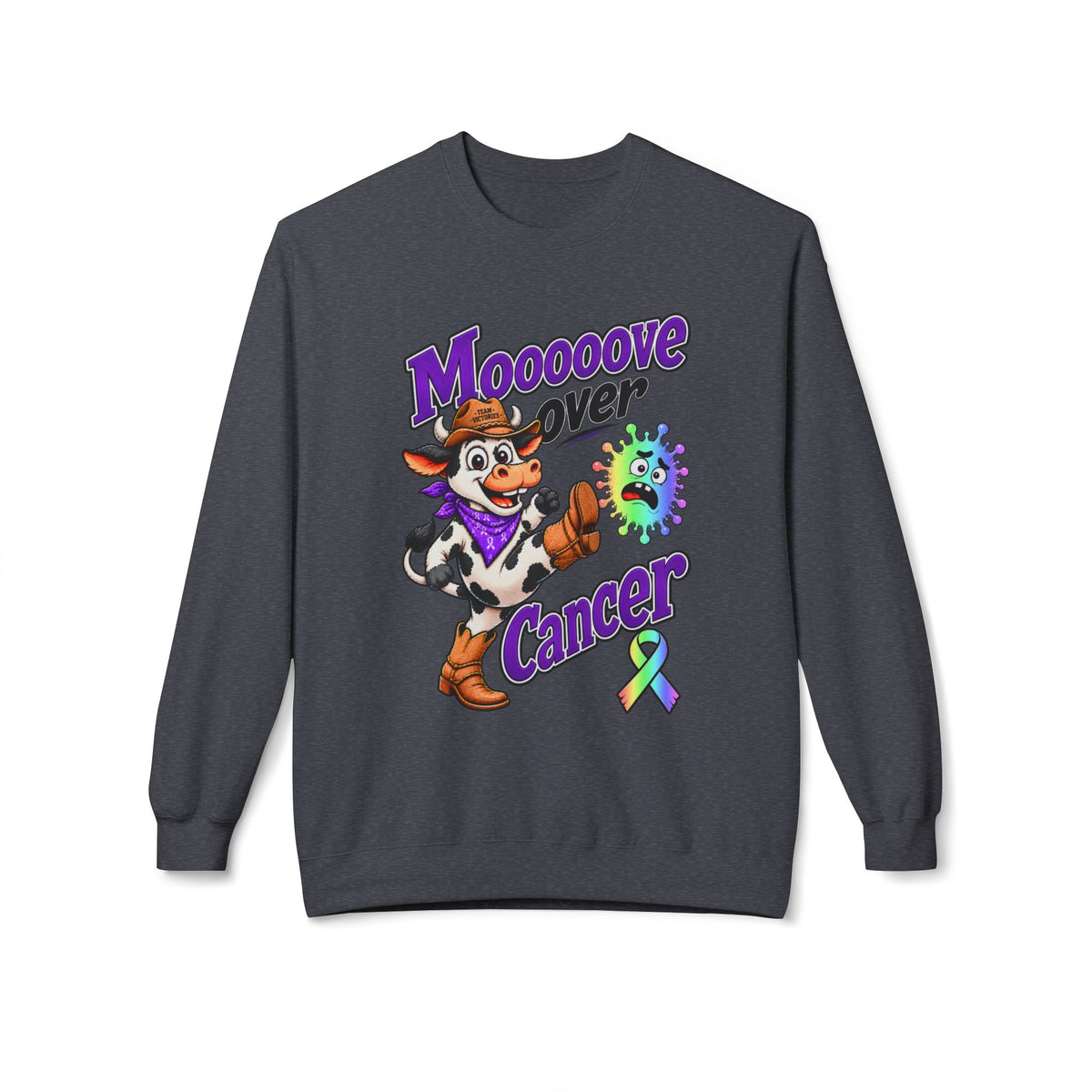 Gray Moooove Over Cancer sweatshirt with cow graphic and all-cancer awareness ribbon