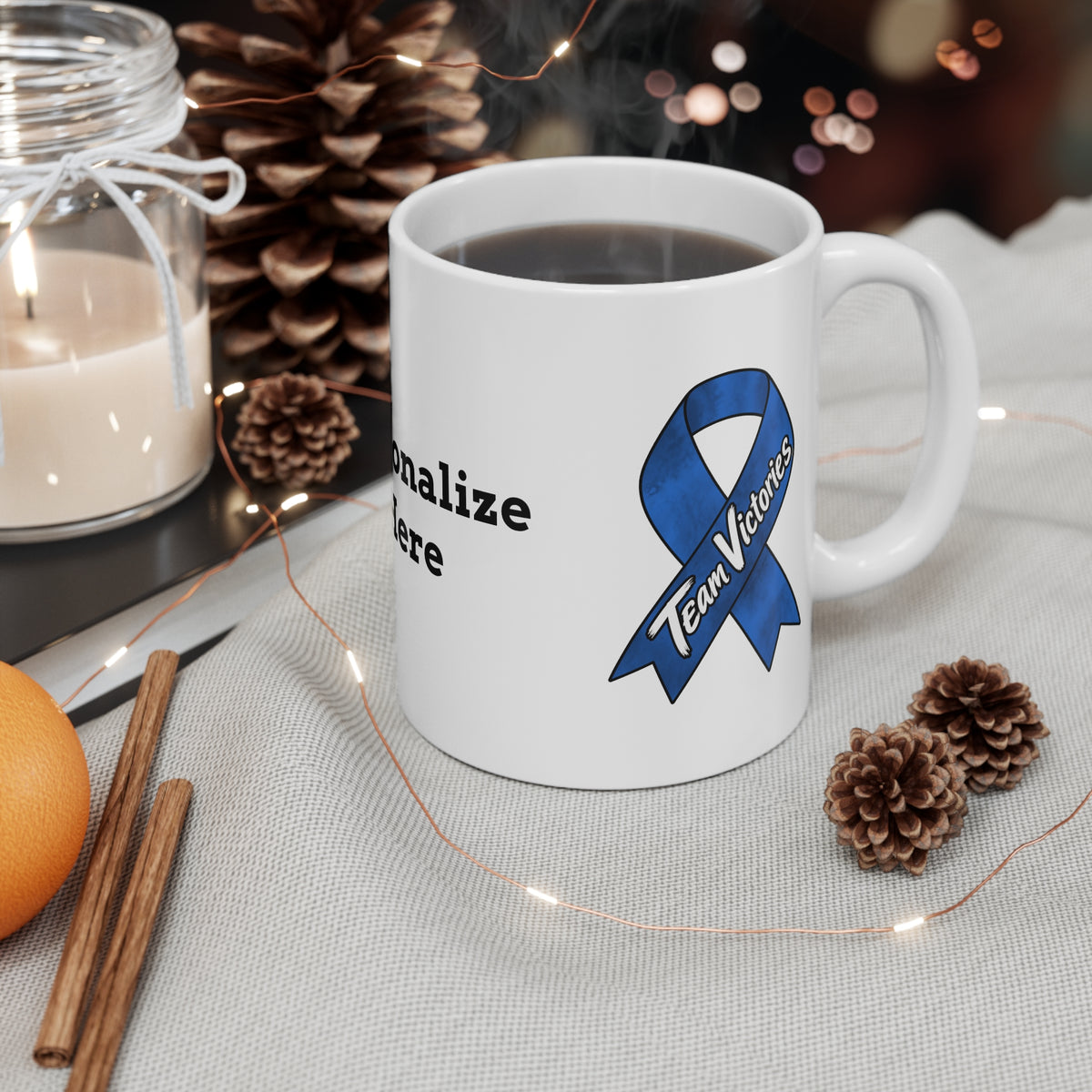 Moooove Over Cancer Colon Cancer awareness mug displayed with coffee in a cozy setting