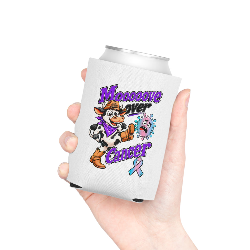 Moooove Over Cancer cow can cooler held in one hand