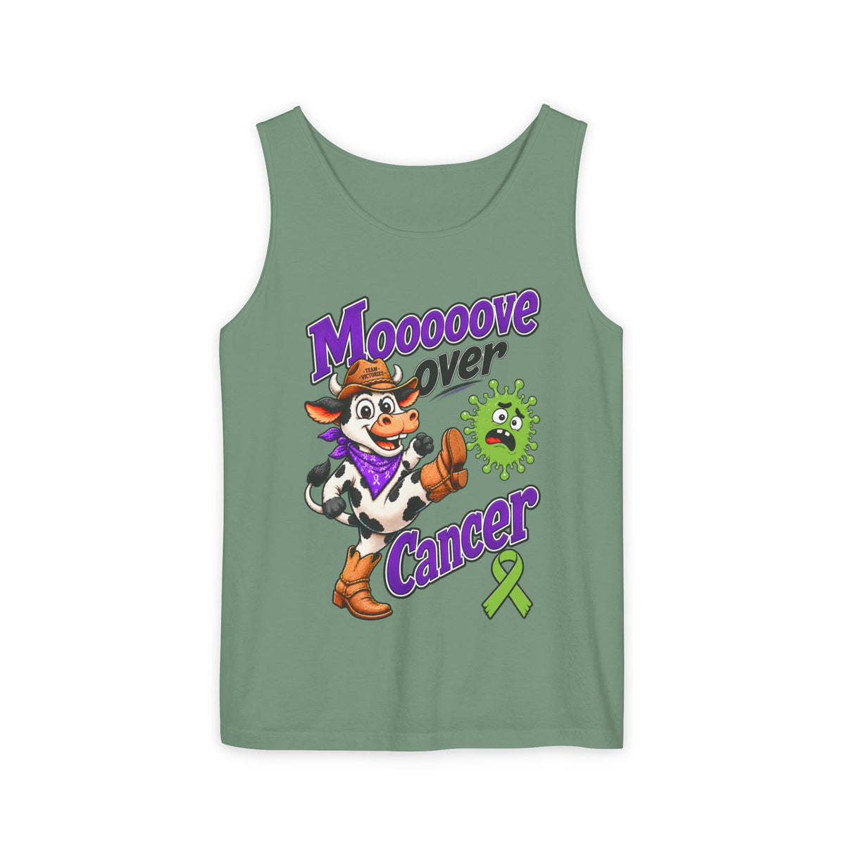 Moooove Over Cancer tank top with cow artwork on sage green fabric