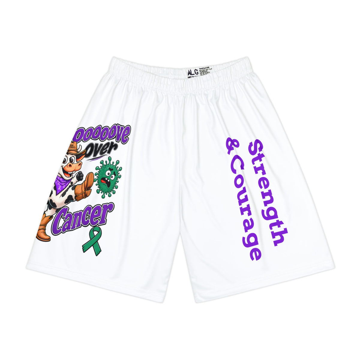 Moooove Over Cancer sports shorts with cow artwork, green ribbon, and Strength & Courage lettering