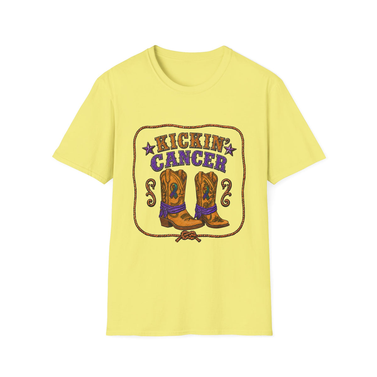 Yellow Kickin' Cancer graphic T-shirt with purple accents and cowboy boots