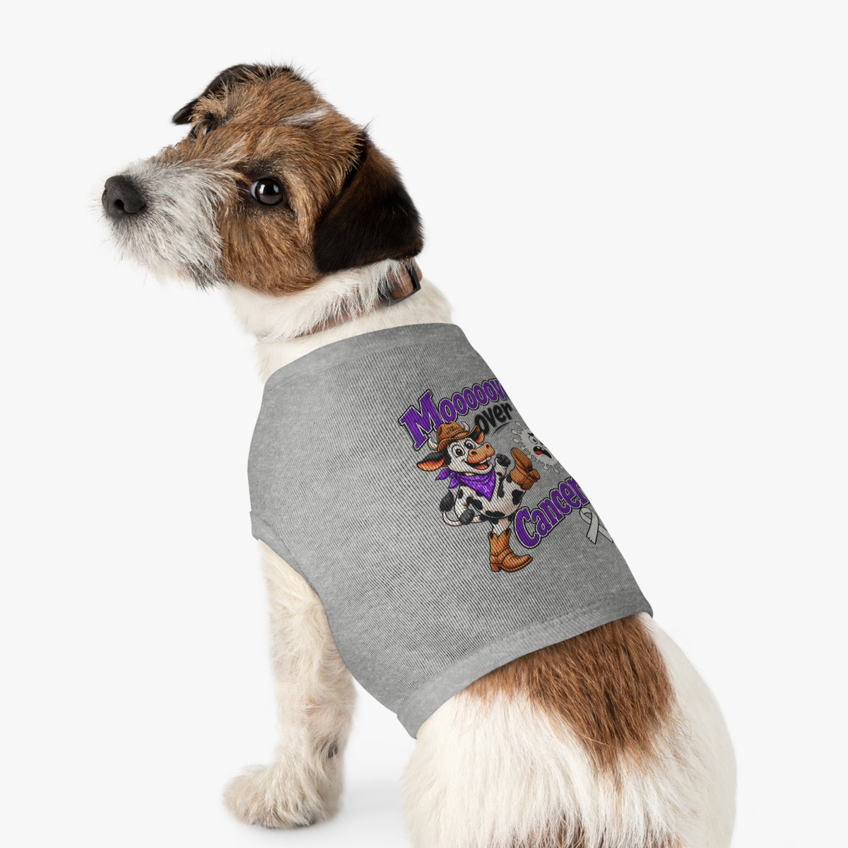 Gray Moooove Over Cancer tank modeled on a small dog with Lung Cancer awareness ribbon