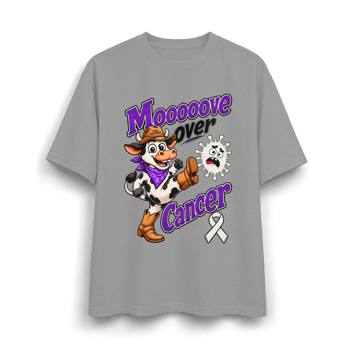 Gray Moooove Over Cancer heavyweight T-shirt with cow artwork and white ribbon