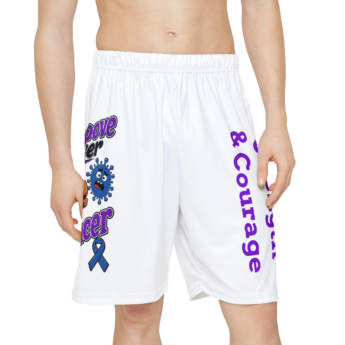 Front view of Moooove Over Cancer athletic shorts with colorful cancer support artwork