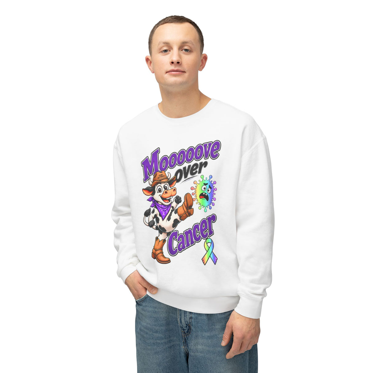Model wearing the Moooove Over Cancer crewneck with cow artwork and all-cancer awareness ribbon