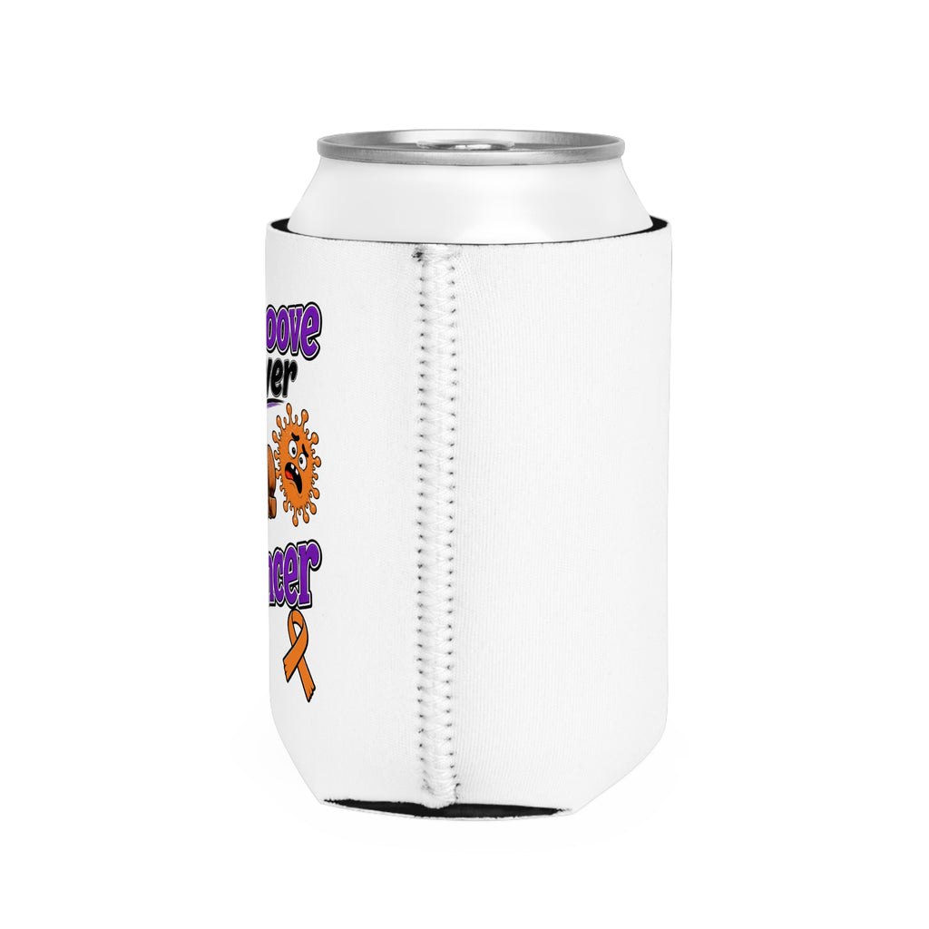 Side view of Moooove Over Cancer can cooler showing cow artwork and awareness ribbon