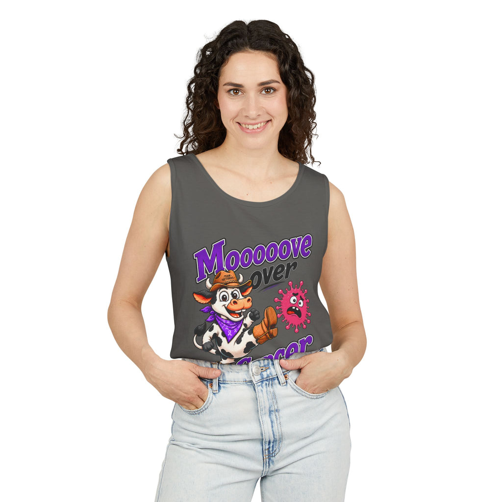 Man wearing gray Moooove Over Cancer tank top with Breast Cancer awareness ribbon
