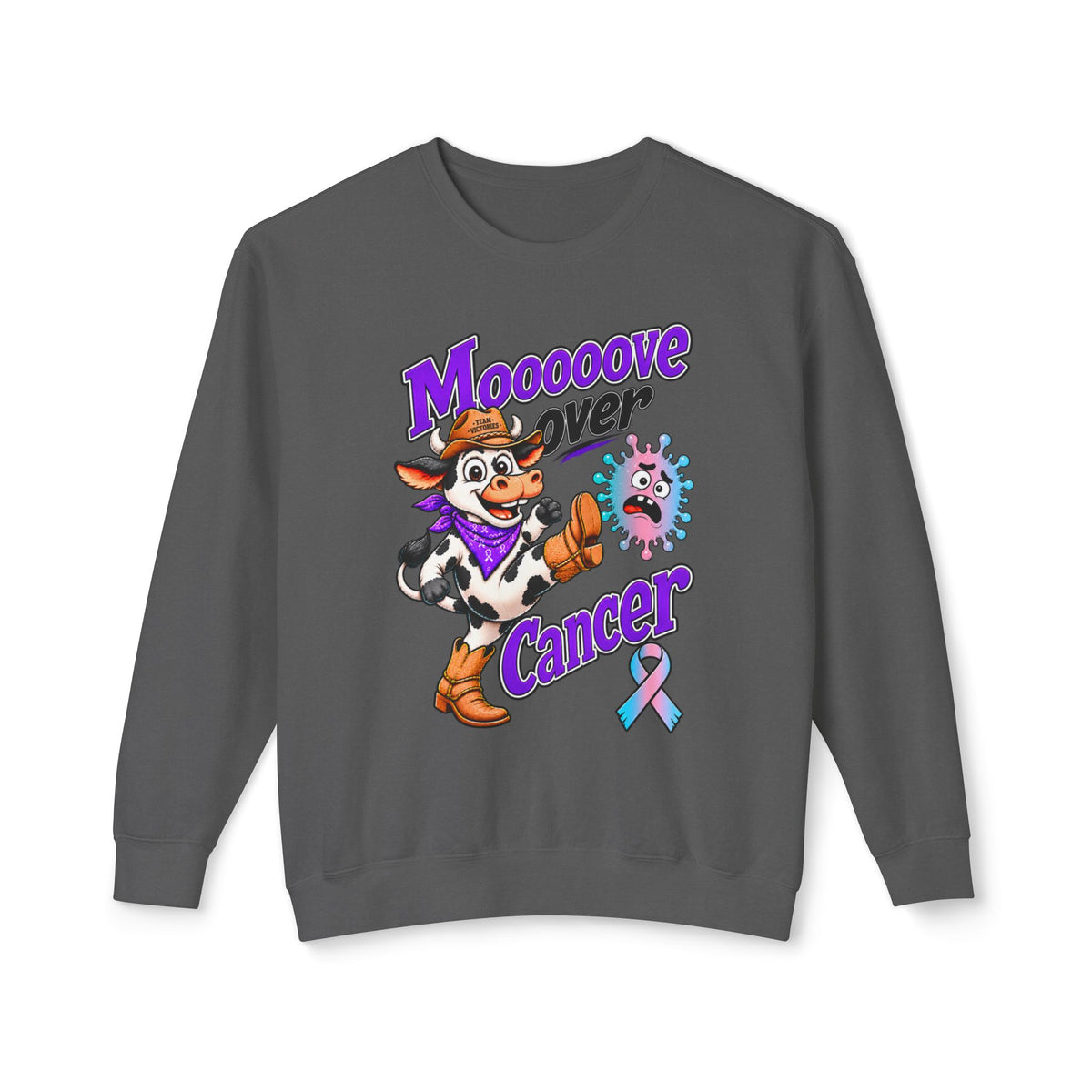 Moooove Over Cancer charcoal sweatshirt with cow artwork and Thyroid Cancer awareness ribbon
