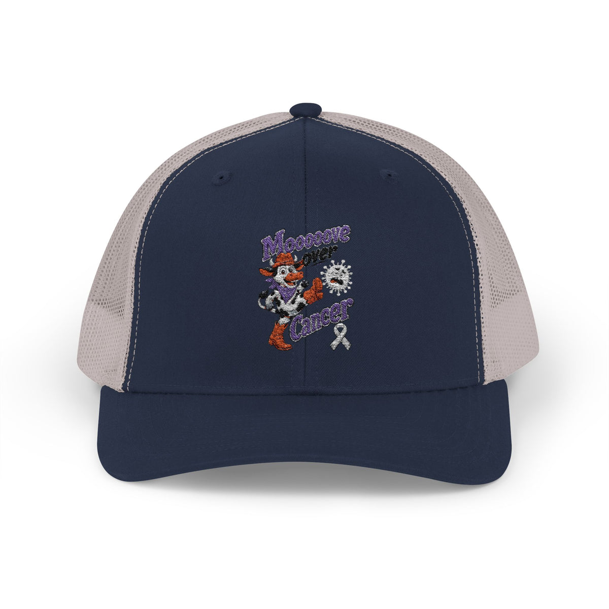 Moooove Over Cancer trucker hat showing the full white mesh back and snap closure