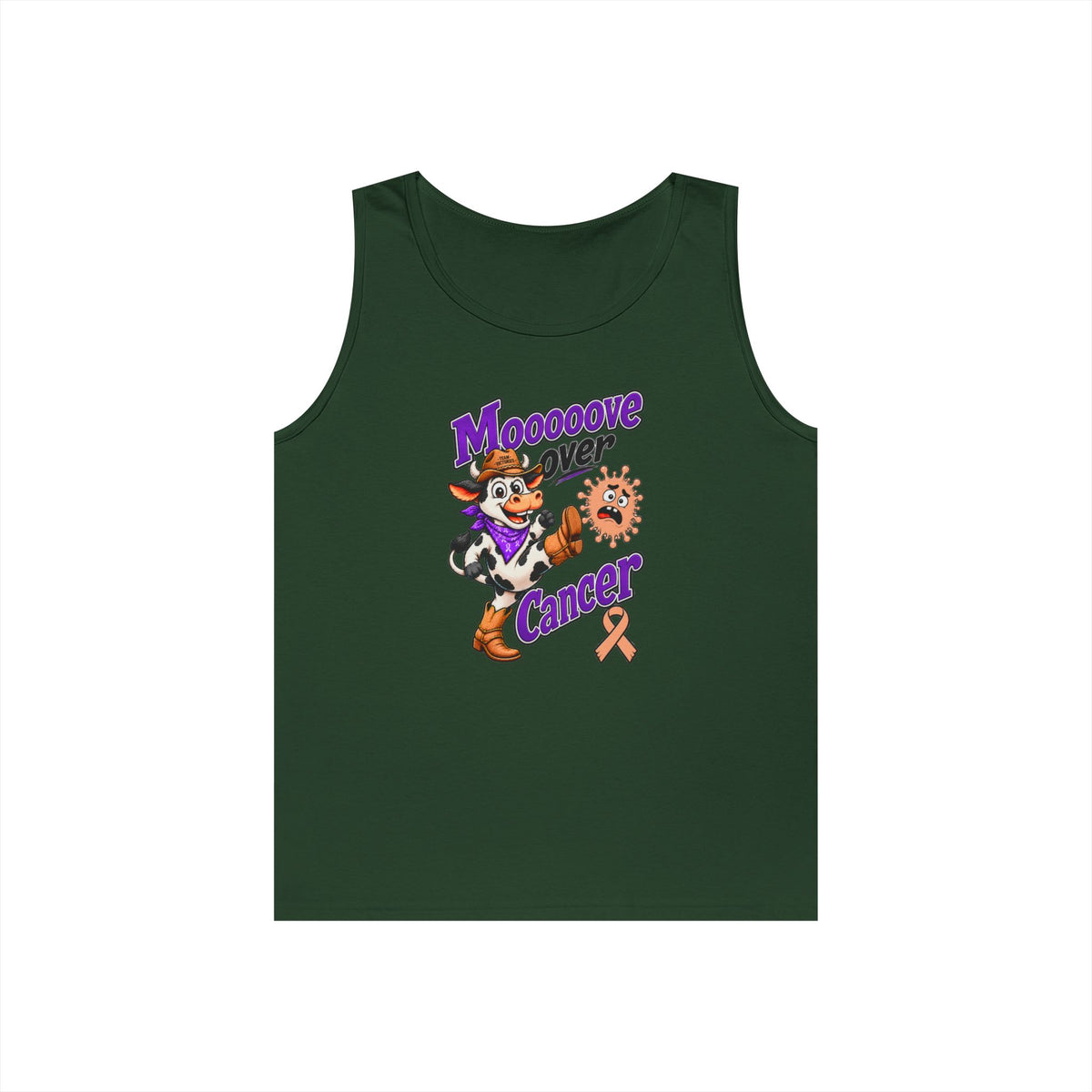 Dark green Moooove Over Cancer tank top with cow artwork and Uterine Cancer awareness ribbon