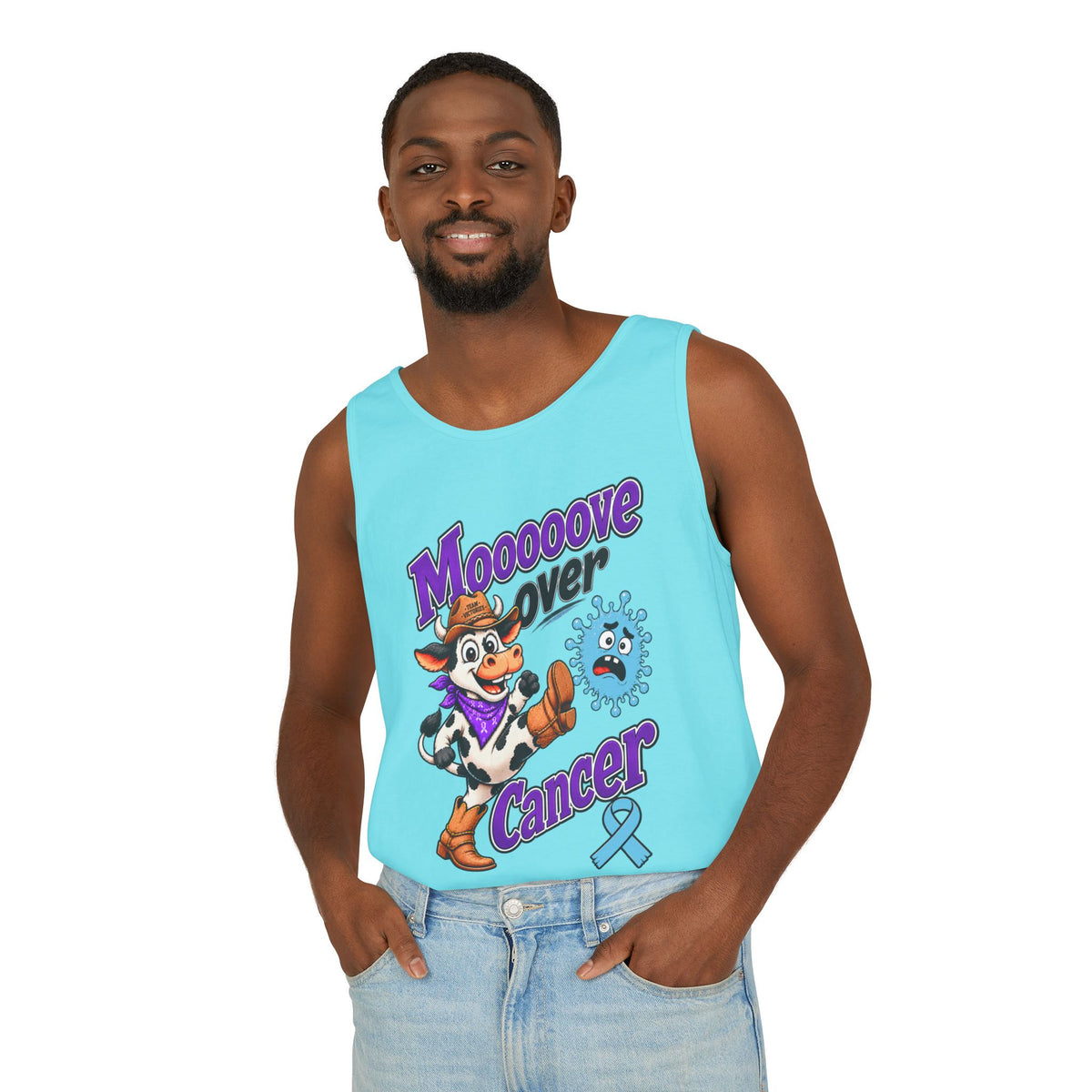 Woman wearing a slate blue Moooove Over Cancer tank top with awareness ribbon graphic