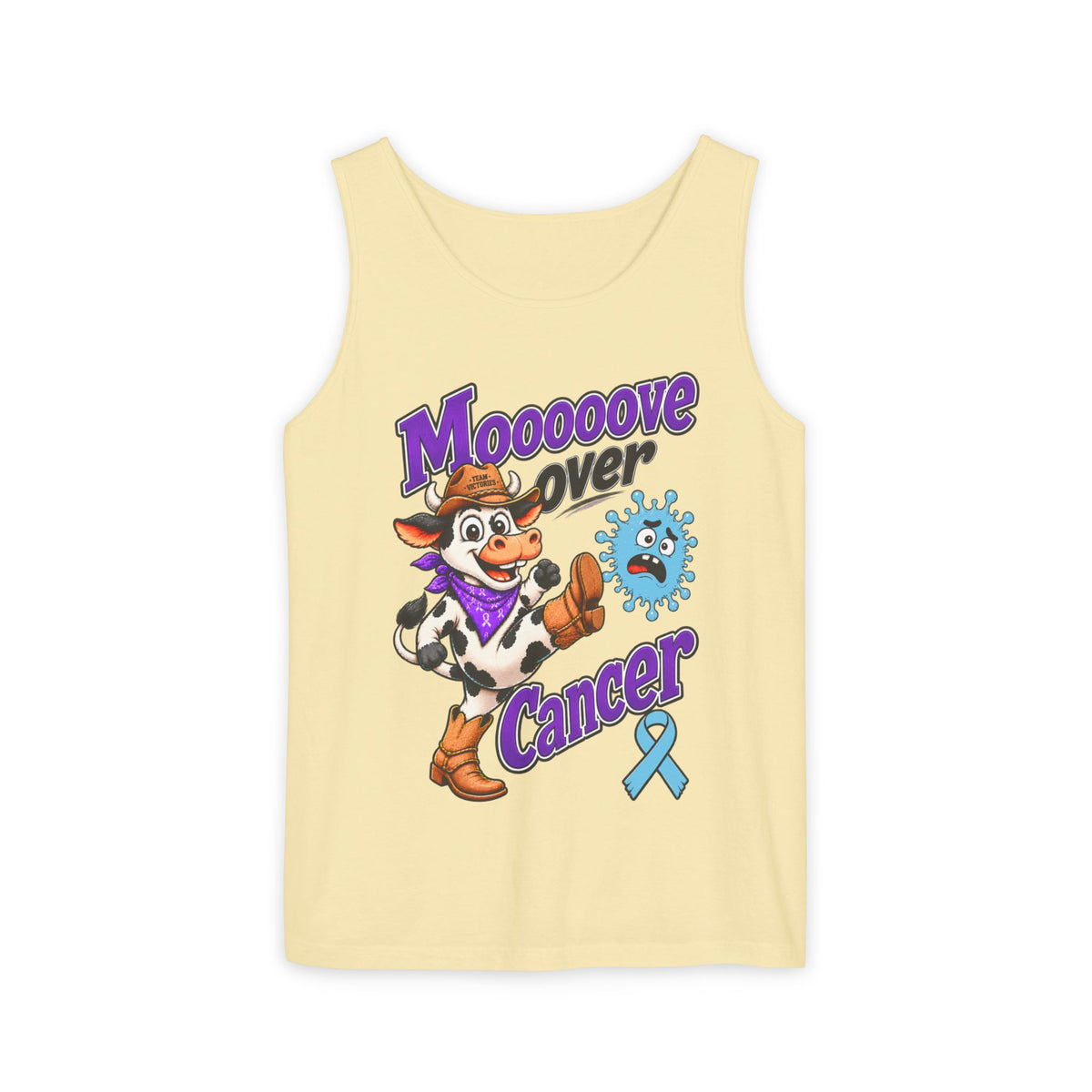 Moooove Over Cancer tank top in yellow with playful cow artwork and Prostate Cancer awareness ribbon