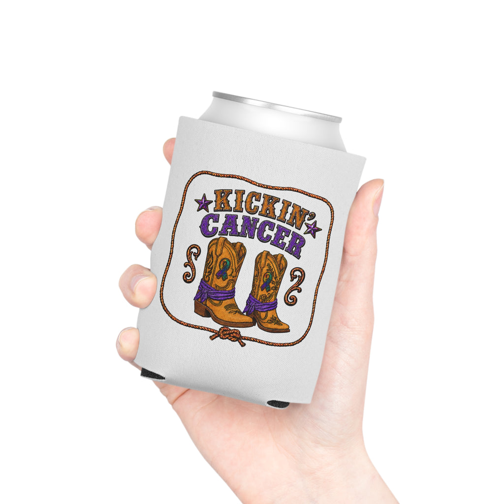 Hand holding a light gray Regular Can cooler with western boot artwork