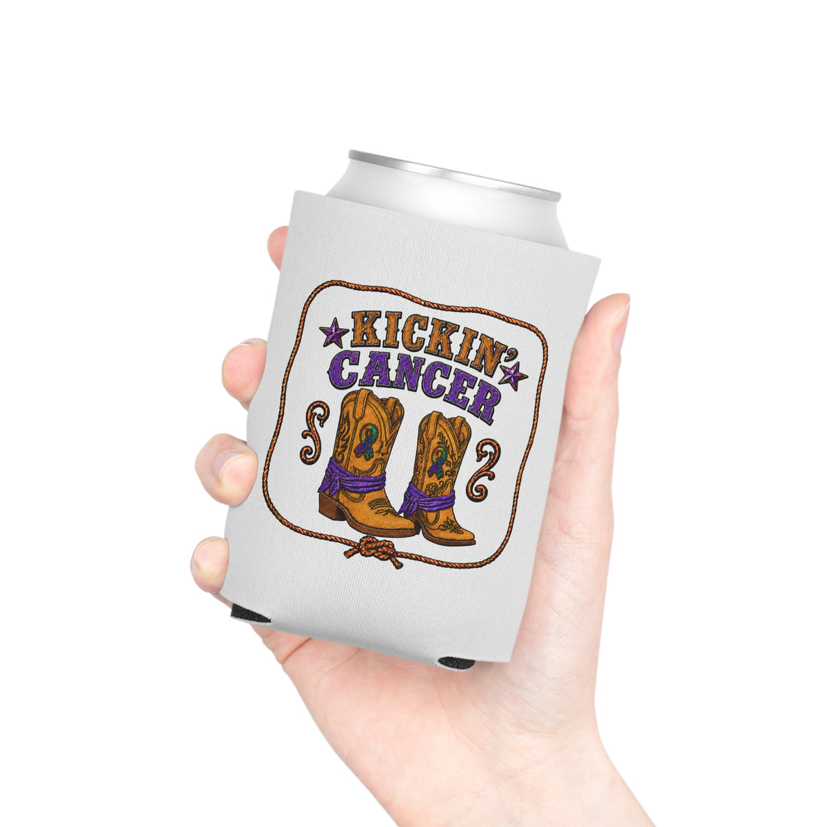 Hand holding a light gray Regular Can cooler with western boot artwork