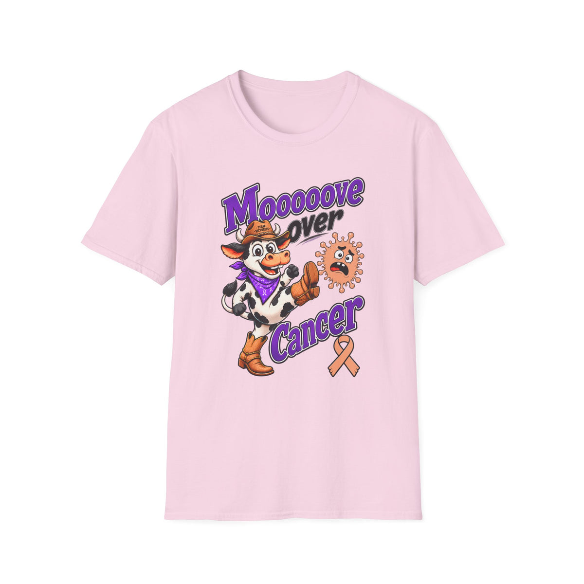 Moooove Over Cancer T-Shirt with cowgirl artwork and Uterine Cancer awareness ribbon on pink