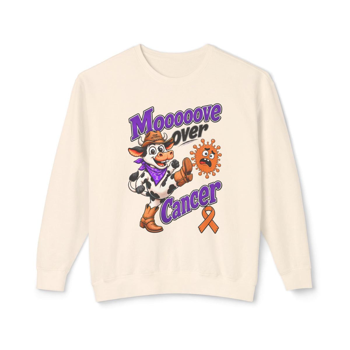 Model wearing the Moooove Over Cancer sweatshirt with cow graphic and Leukemia/Kidney Cancer awareness ribbon