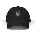 Front view of black Moooove Over Cancer embroidered denim hat with colorful cow artwork and awareness ribbon