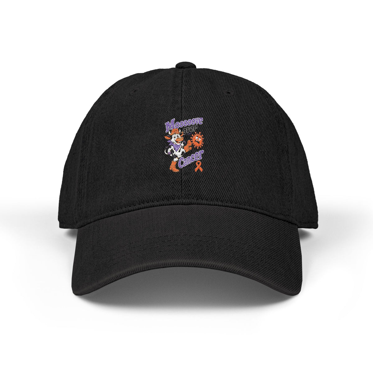 Front view of black Moooove Over Cancer embroidered denim hat with colorful cow artwork and awareness ribbon