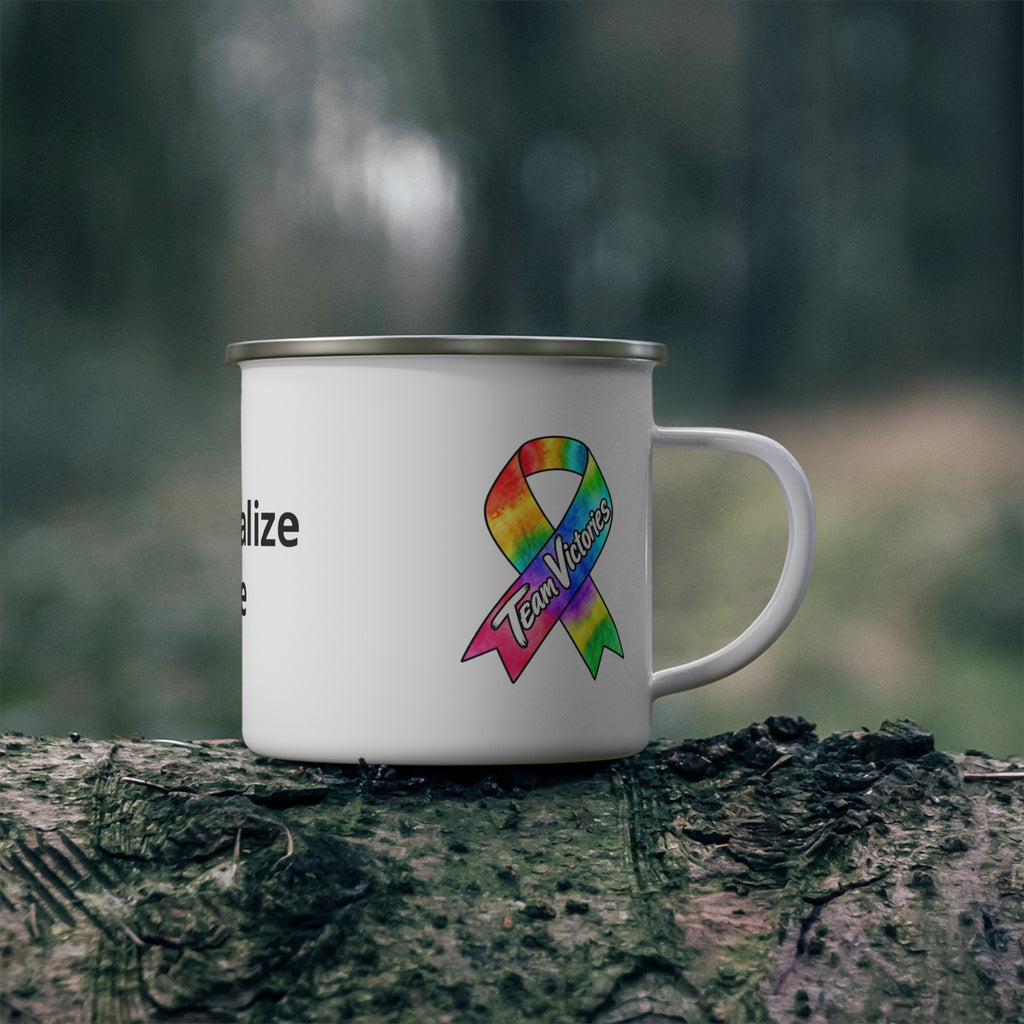 Moooove Over Cancer enamel camping mug outdoors with Team Victories all-cancer awareness ribbon