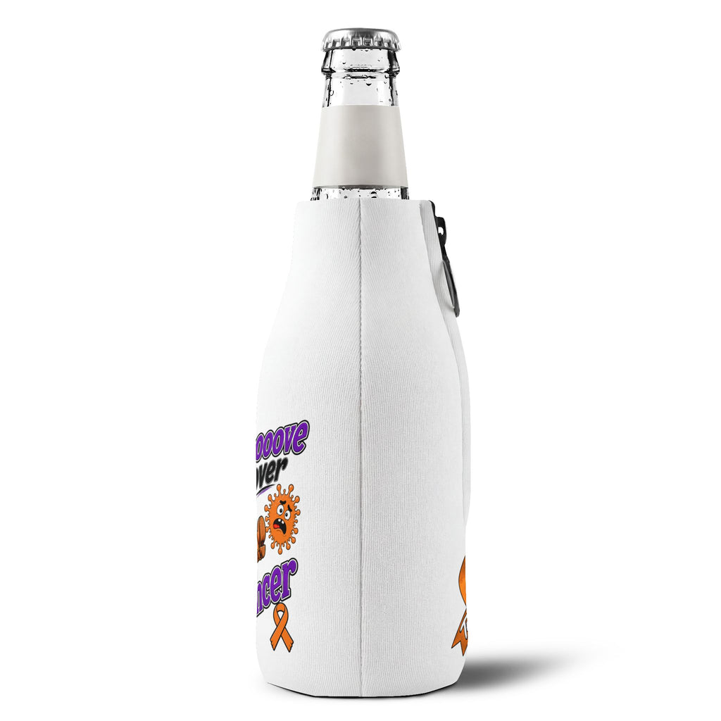 Side view of Moooove Over Cancer bottle sleeve with partial printed design and zipper