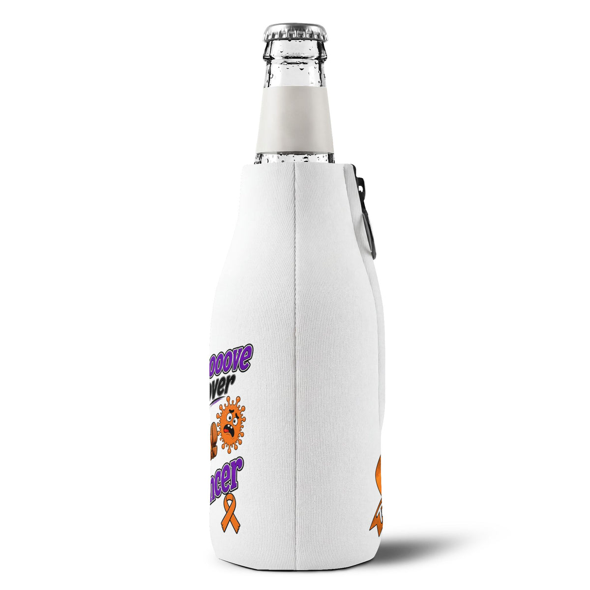 Side view of Moooove Over Cancer bottle sleeve with partial printed design and zipper