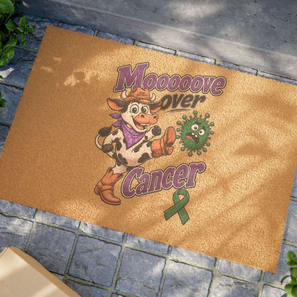 Moooove Over Cancer coir door mat displayed outdoors with a green Liver Cancer awareness ribbon