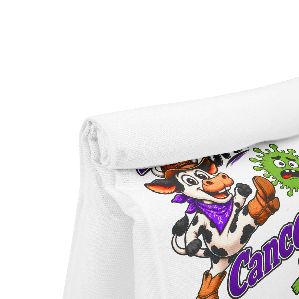 Close-up of Moooove Over Cancer artwork and the lunch bag's magnetic closure