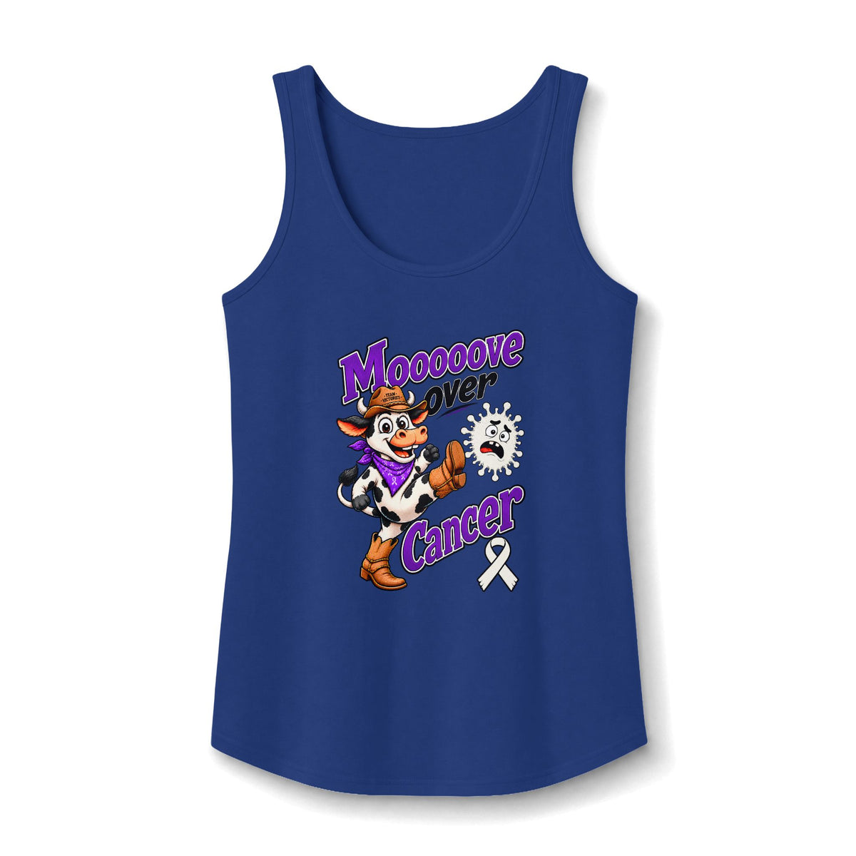 Moooove Over Cancer navy tank top displaying Lung Cancer awareness ribbon artwork