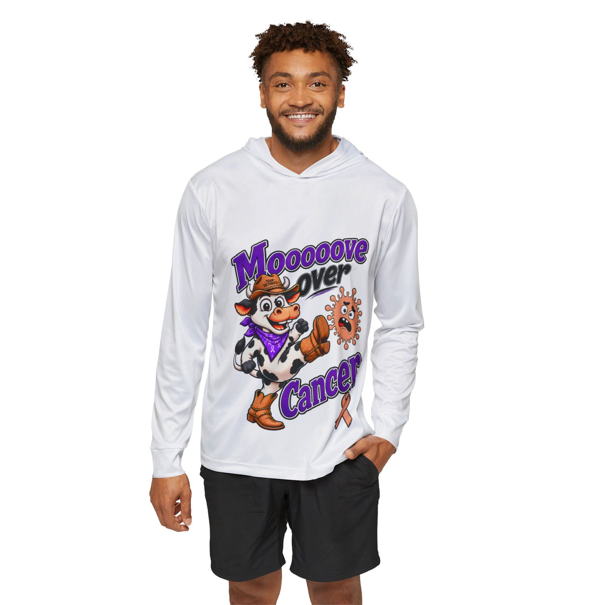 Model wearing Moooove Over Cancer hoodie with western cow design and Uterine Cancer awareness ribbon