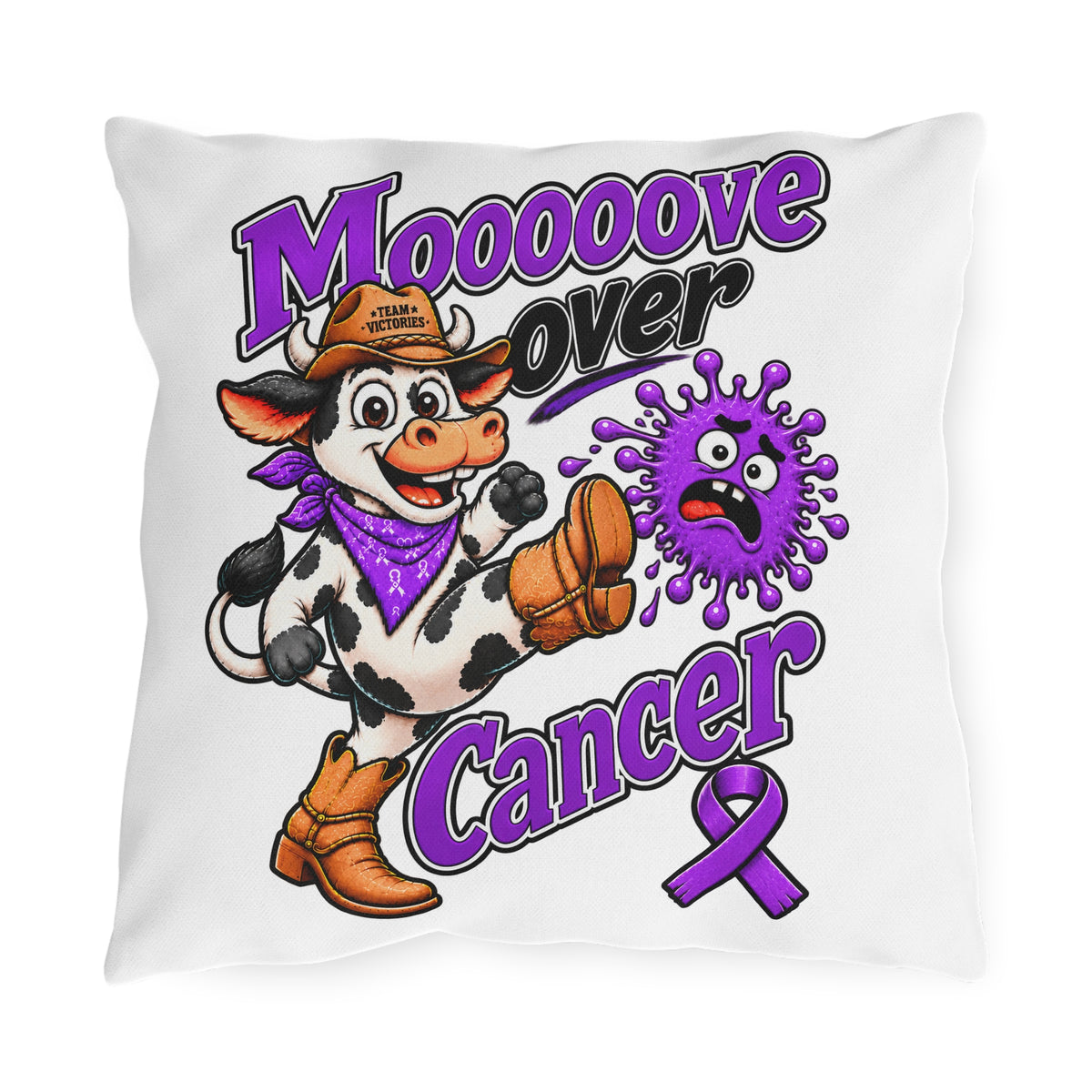 Moooove Over Cancer outdoor pillow with cowboy cow, purple ribbon, and playful cancer awareness artwork