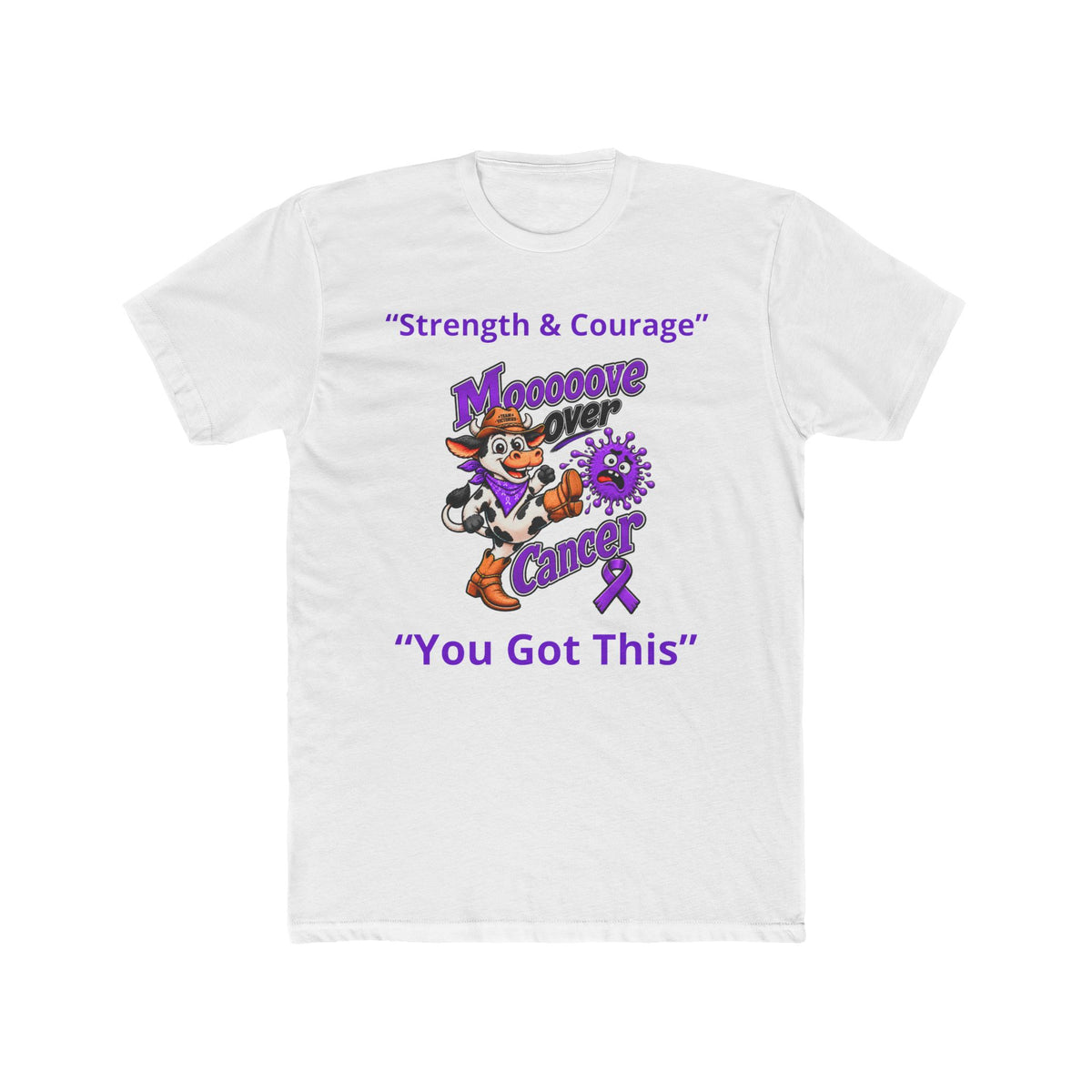 White Moooove Over Cancer T-shirt with Strength & Courage, You Got This, and Pancreatic Cancer awareness ribbon