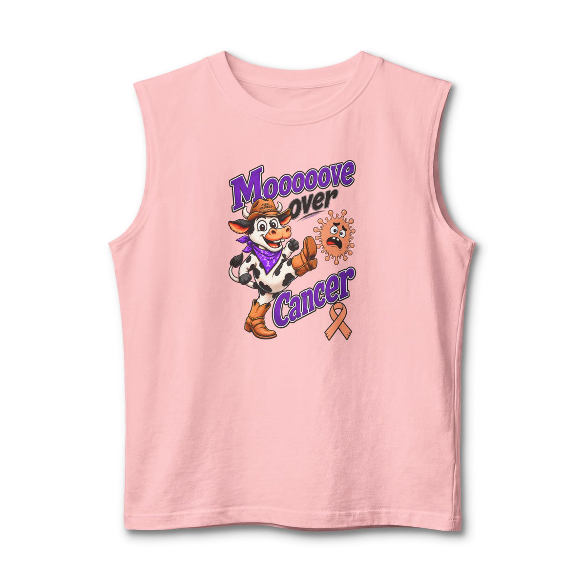 Pink Moooove Over Cancer tank top with cowgirl artwork and Uterine Cancer awareness ribbon