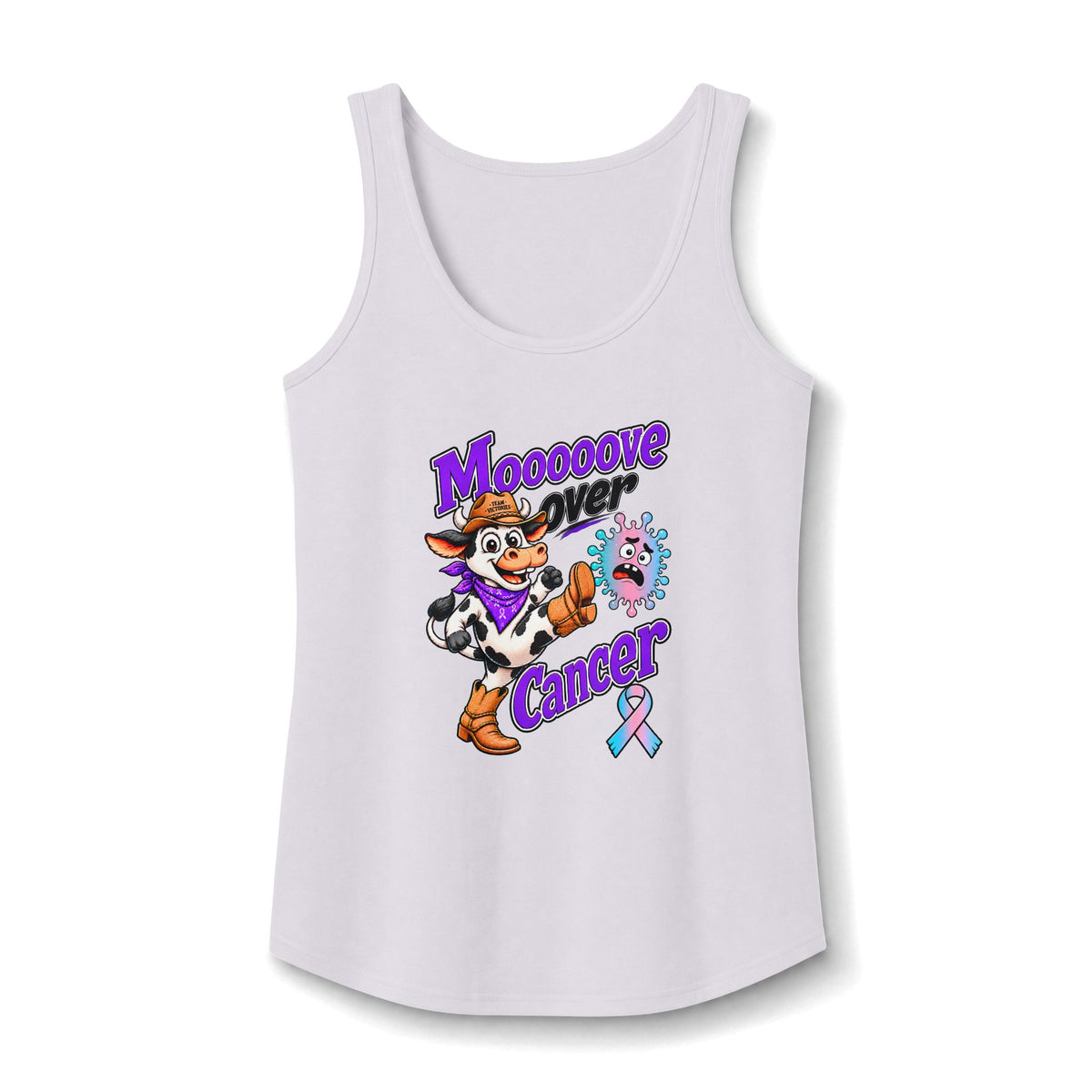 Moooove Over Cancer tank top in white with a Thyroid Cancer awareness ribbon design