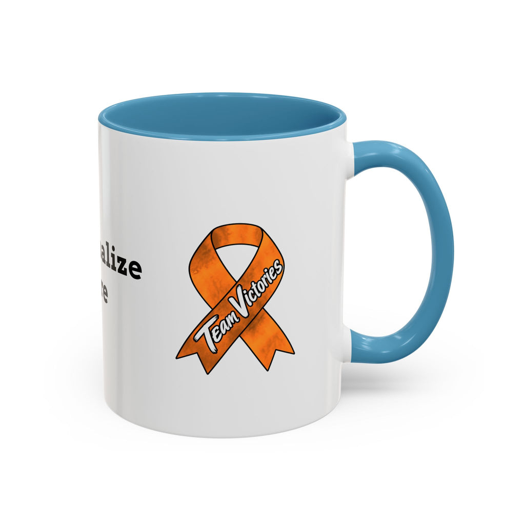 Moooove Over Cancer mug showing Team Victories Leukemia/Kidney Cancer awareness ribbon with orange accents
