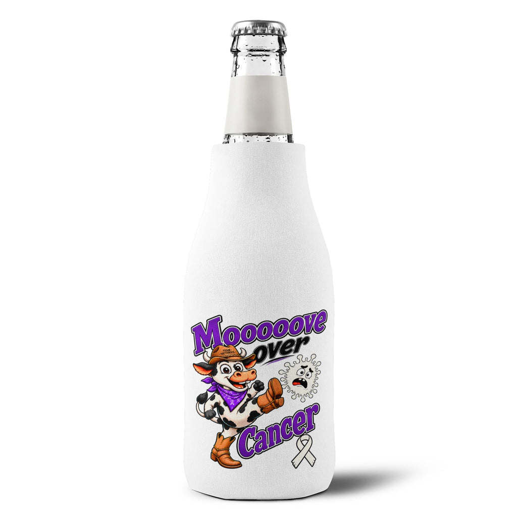 Moooove Over Cancer insulated bottle cooler sleeve fitted over a glass bottle