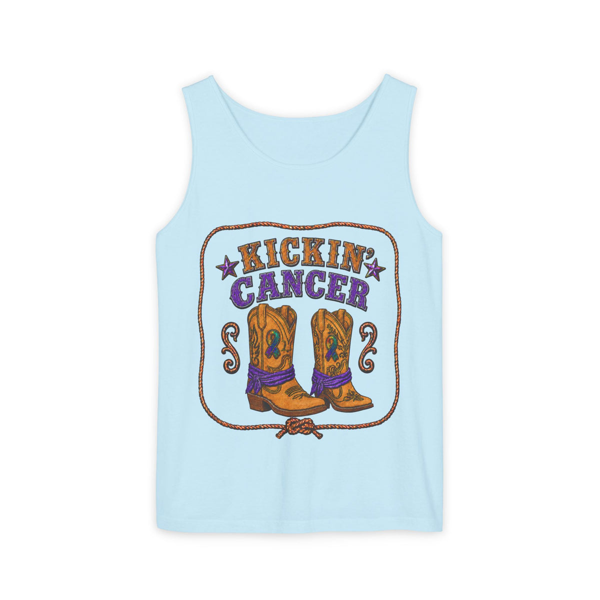 Light blue Kickin' Cancer tank top with Western boots and rope detailing