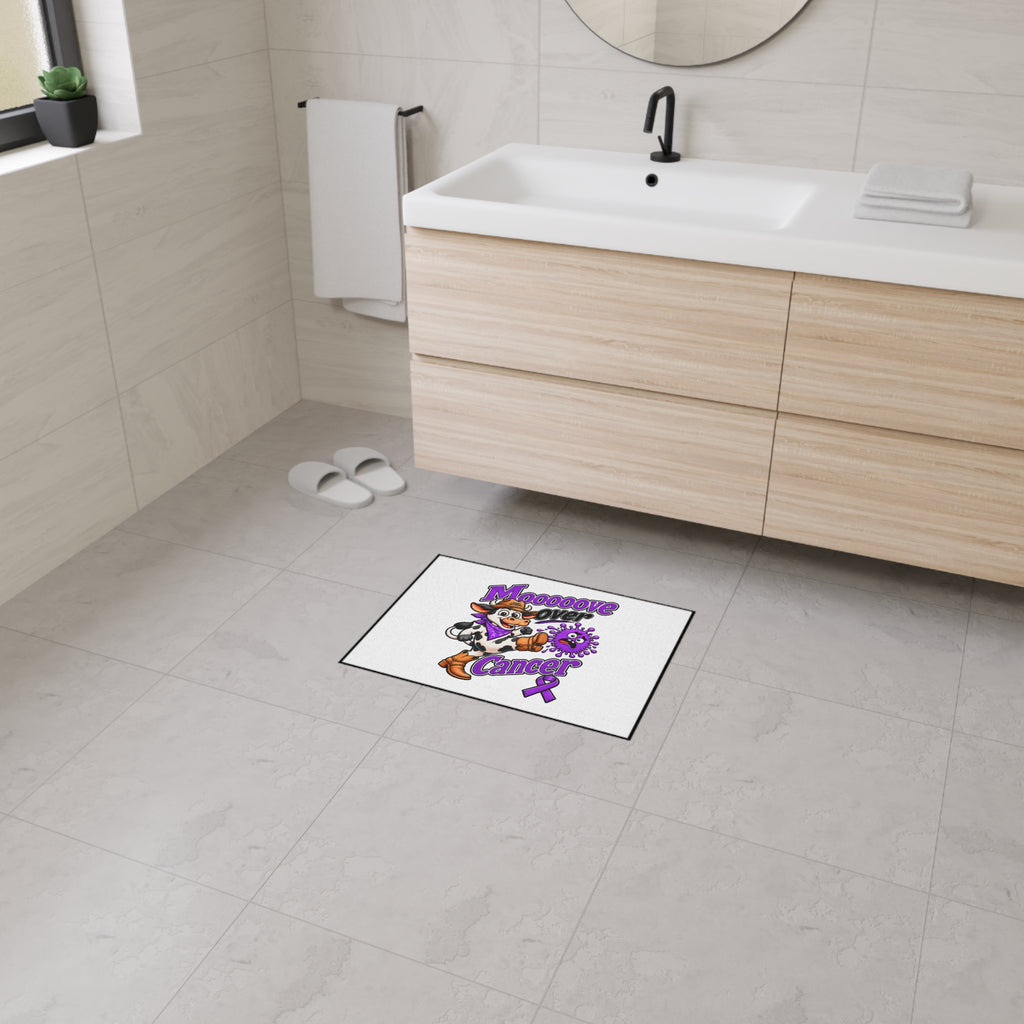 Moooove Over Cancer mat displayed on a bathroom floor with cowgirl design