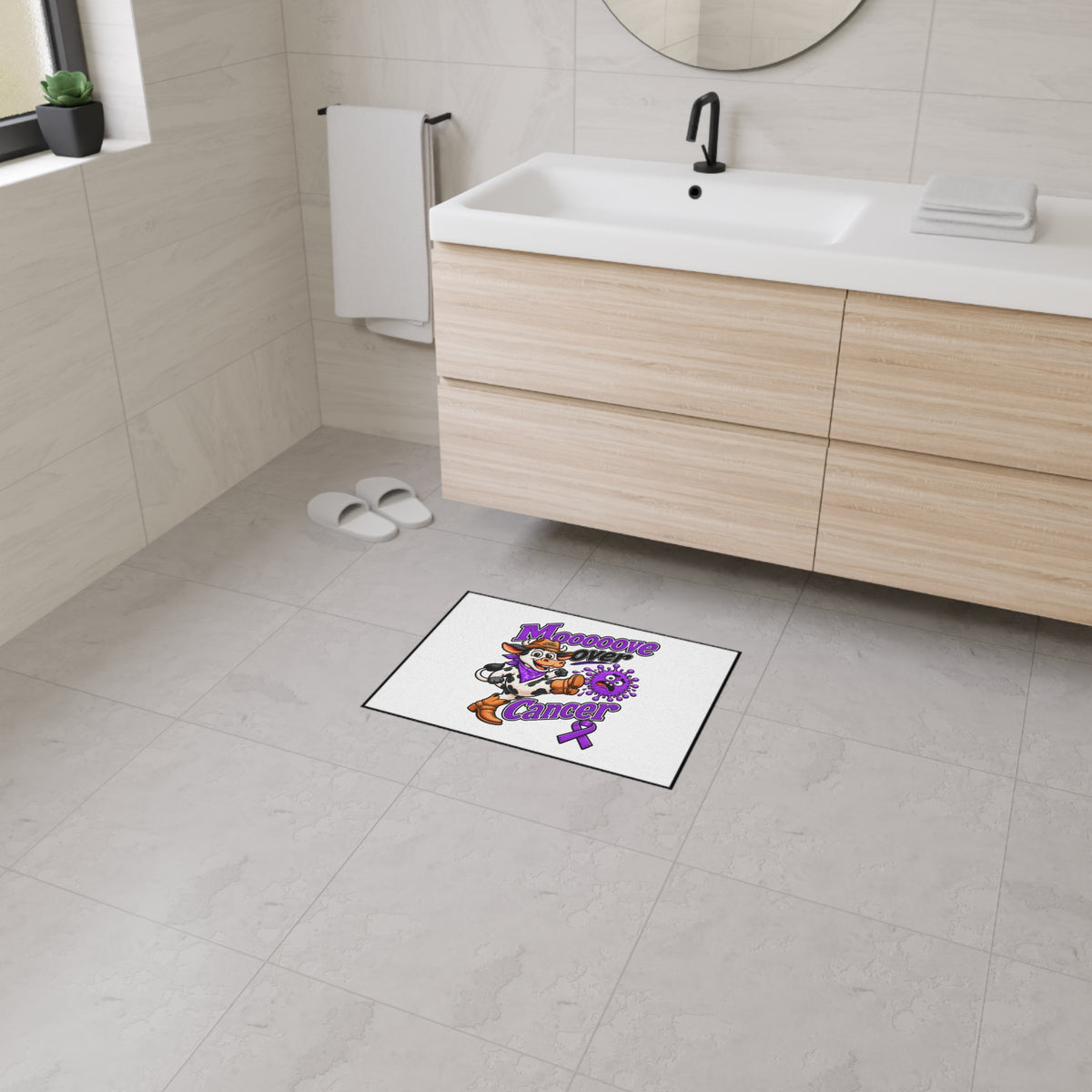 Moooove Over Cancer mat displayed on a bathroom floor with cowgirl design
