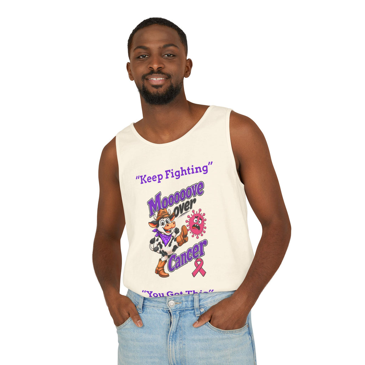 Woman modeling pale yellow Moooove Over Cancer tank top with cowgirl graphic
