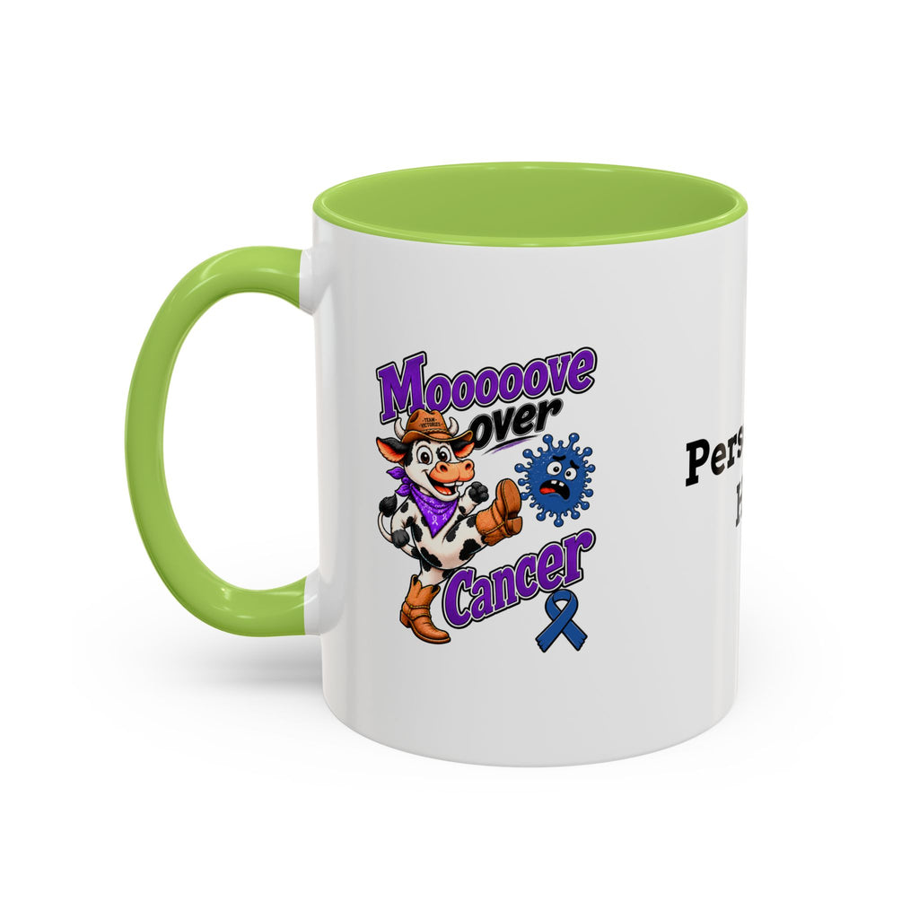 Moooove Over Cancer mug showing blue Colon Cancer awareness ribbon and green handle