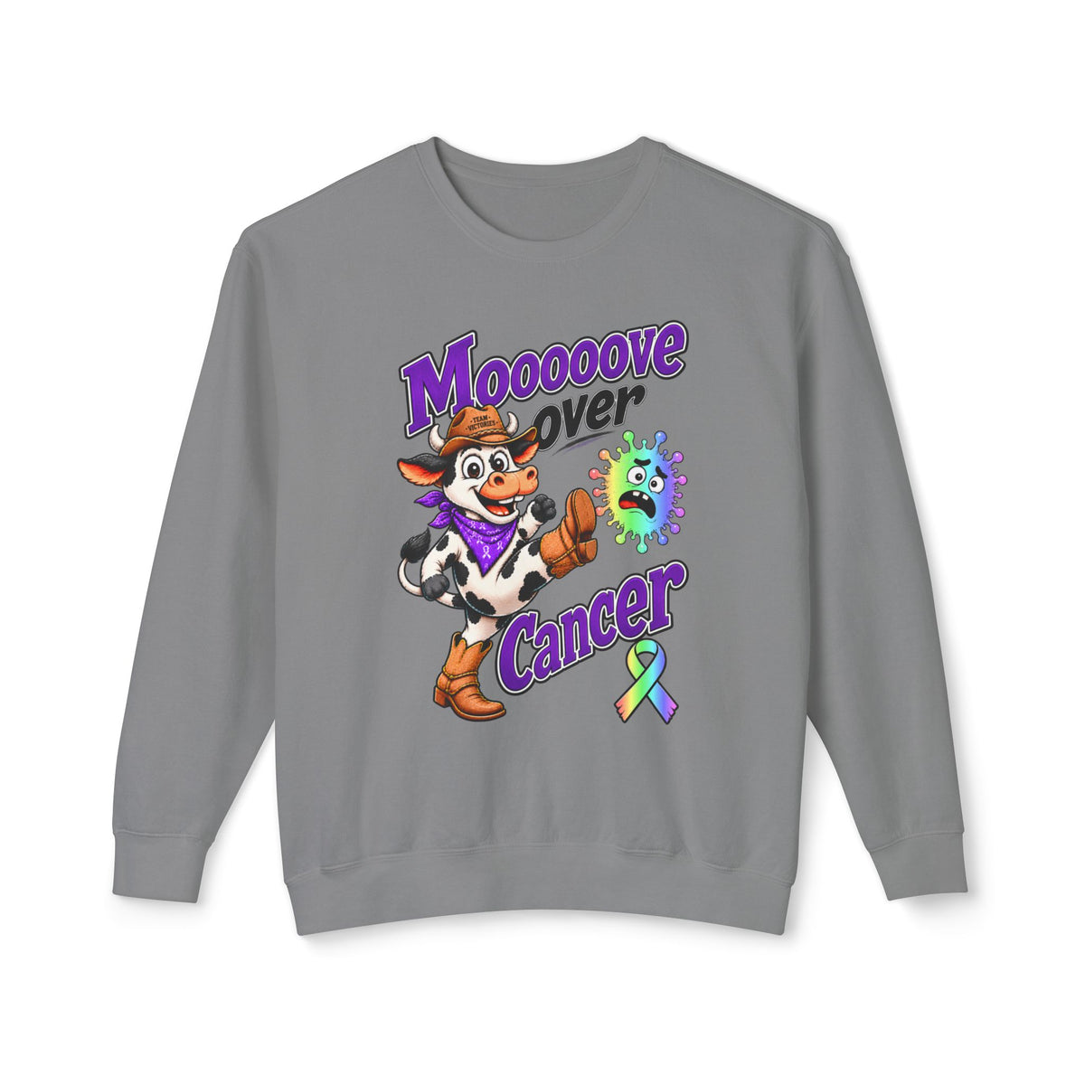 Moooove Over Cancer gray crewneck sweatshirt with colorful graphic and all-cancer awareness ribbon