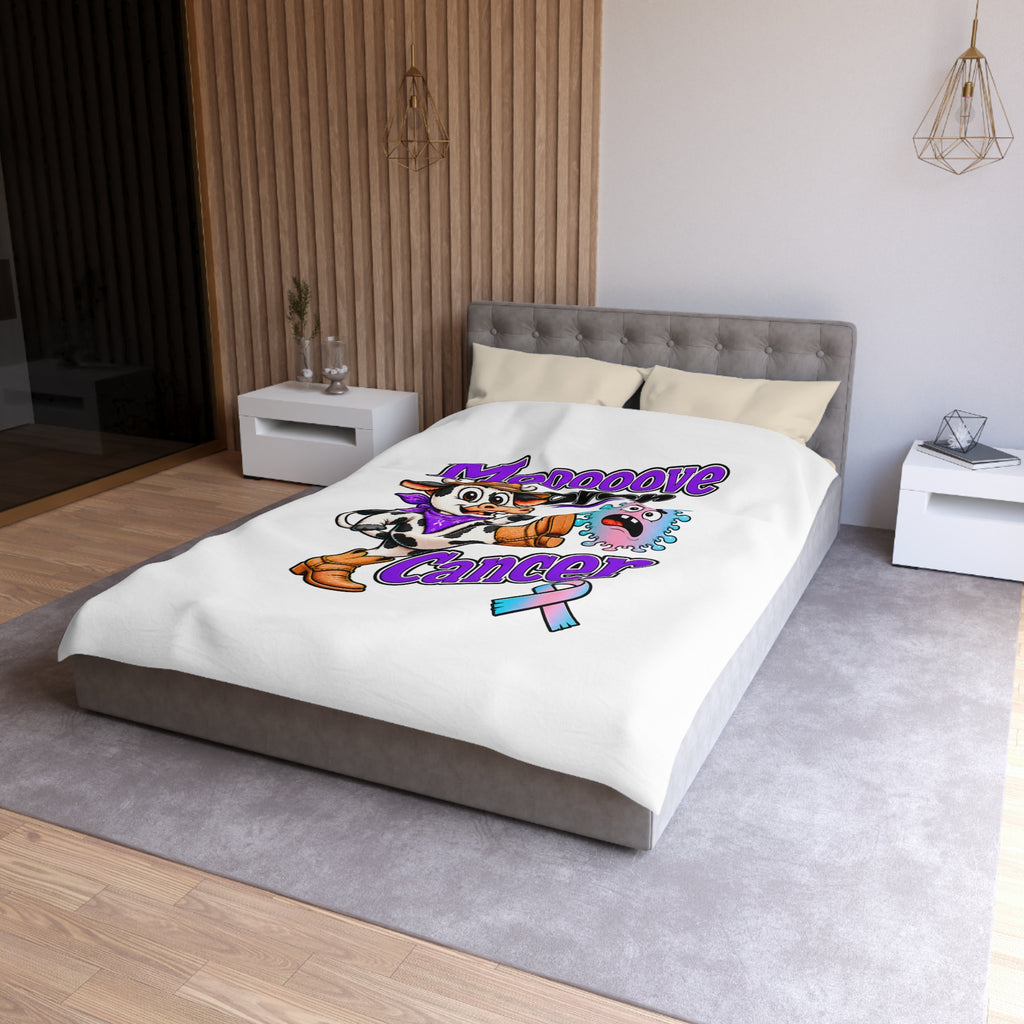Moooove Over Cancer bedding in a bedroom setting with cow artwork and Thyroid Cancer awareness ribbon