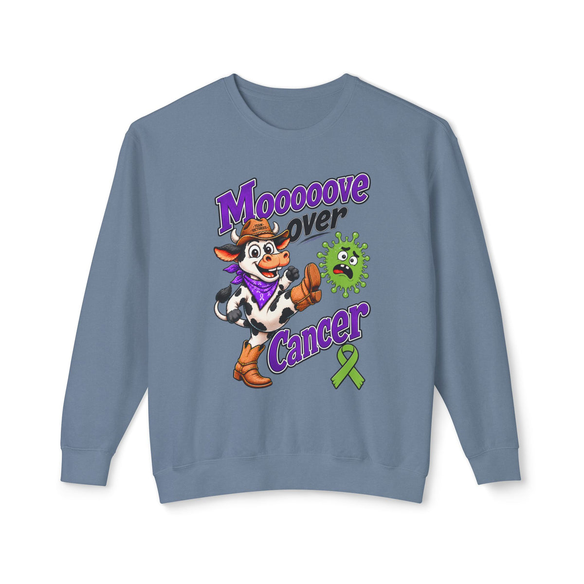 Moooove Over Cancer crewneck sweatshirt in slate blue with cow artwork and Non-Hodgkin/Lymphoma Cancer awareness ribbon