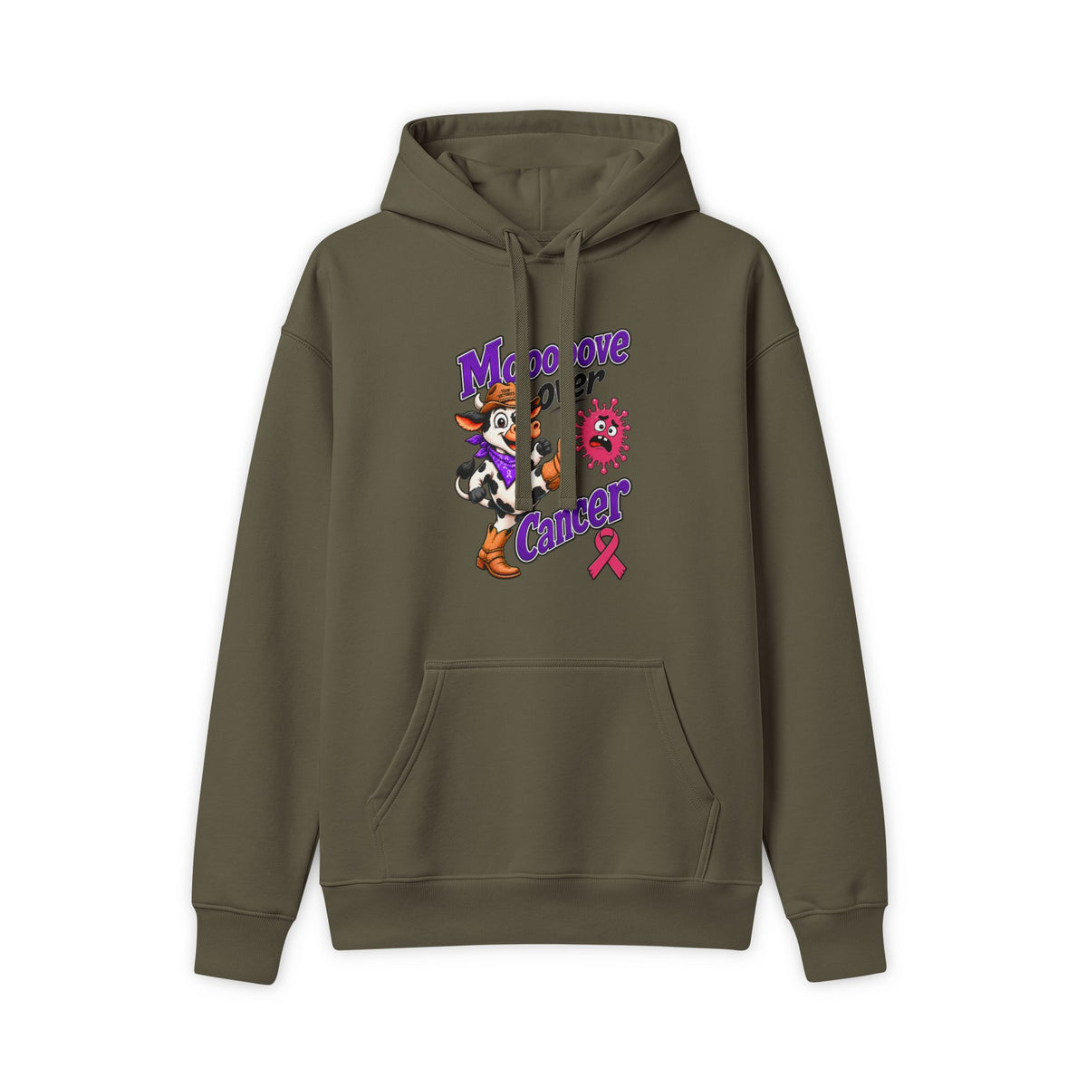 Moooove Over Cancer hoodie with pink Breast Cancer awareness ribbon, olive front view